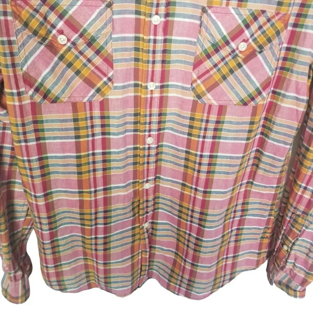 J. Crew Mens Madras Plaid Button Shirt Sz L Preppy Classic Weekend Vibes Casual